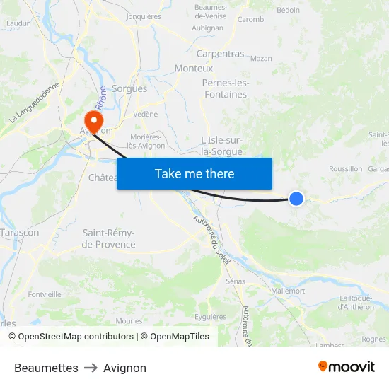 Beaumettes to Avignon map