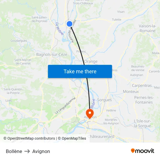 Bollène to Avignon map