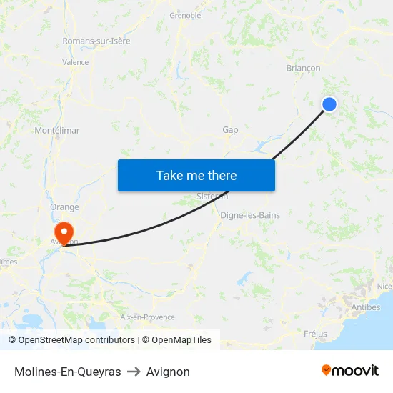 Molines-En-Queyras to Avignon map