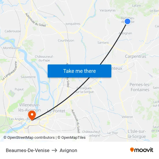 Beaumes-De-Venise to Avignon map