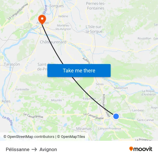Pélissanne to Avignon map