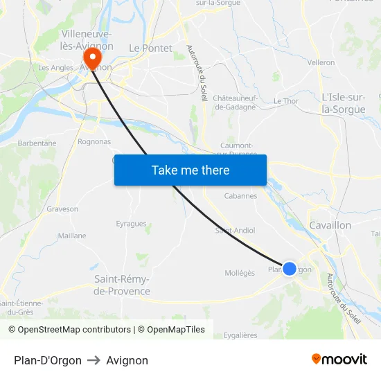 Plan-D'Orgon to Avignon map
