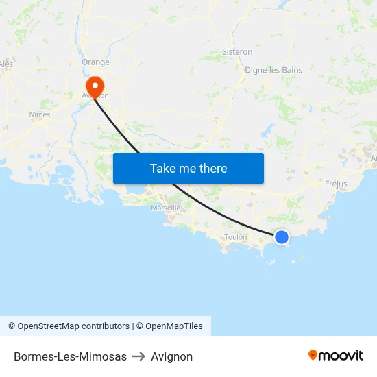 Bormes-Les-Mimosas to Avignon map