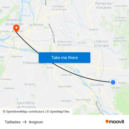 Taillades to Avignon map