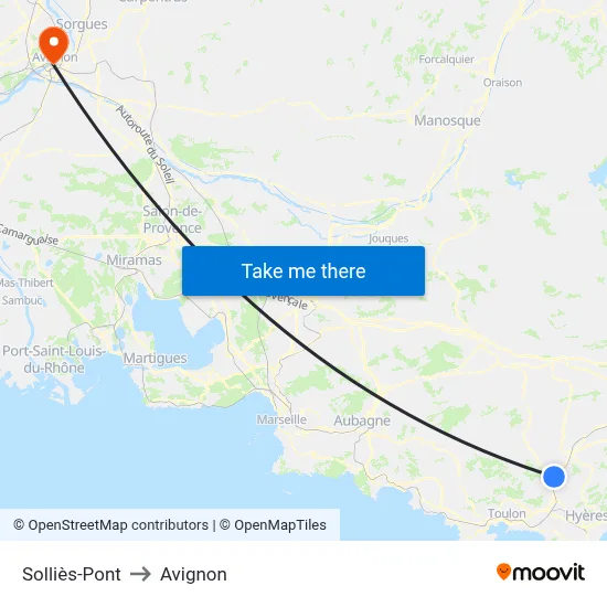 Solliès-Pont to Avignon map