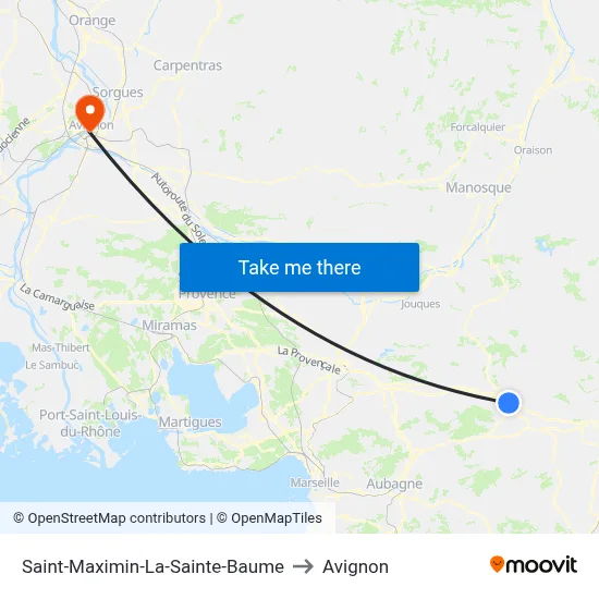 Saint-Maximin-La-Sainte-Baume to Avignon map