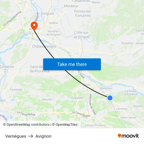 Vernègues to Avignon map