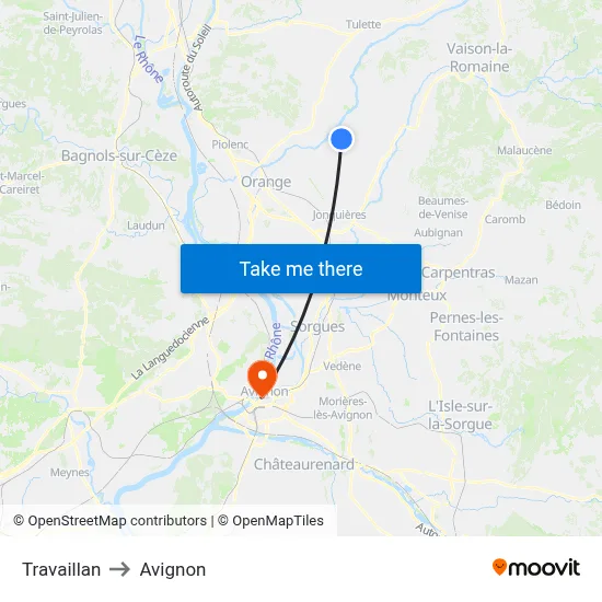Travaillan to Avignon map