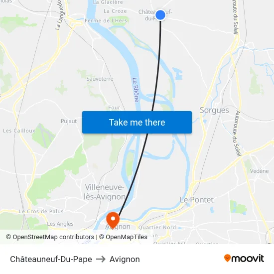 Châteauneuf-Du-Pape to Avignon map