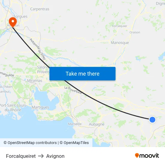 Forcalqueiret to Avignon map