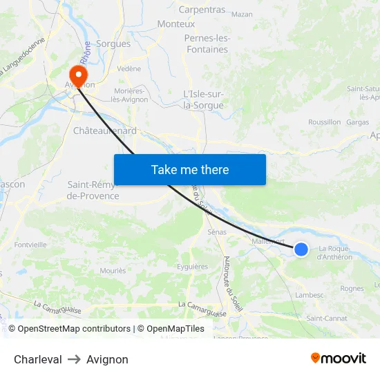 Charleval to Avignon map
