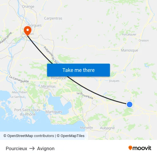 Pourcieux to Avignon map