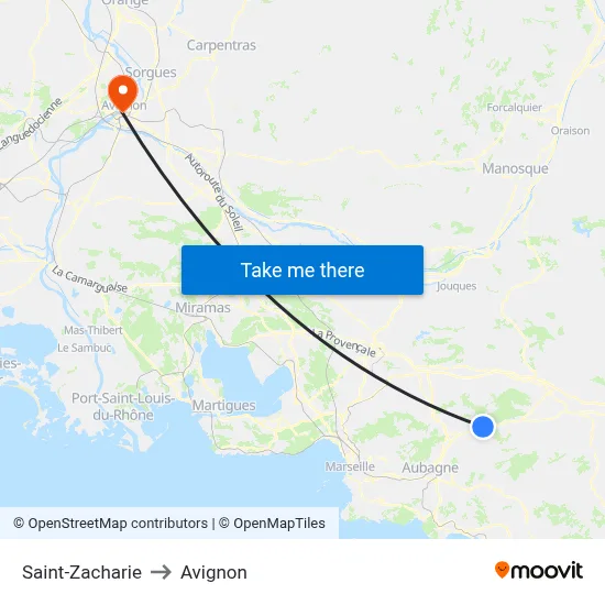 Saint-Zacharie to Avignon map