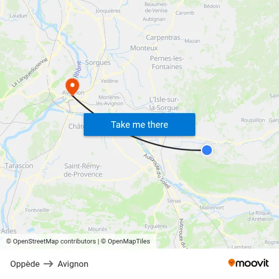 Oppède to Avignon map