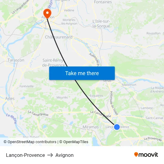 Lançon-Provence to Avignon map