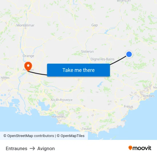 Entraunes to Avignon map
