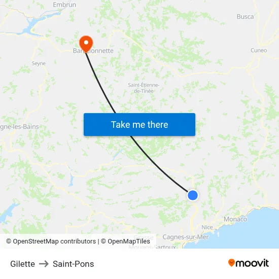 Gilette to Saint-Pons map
