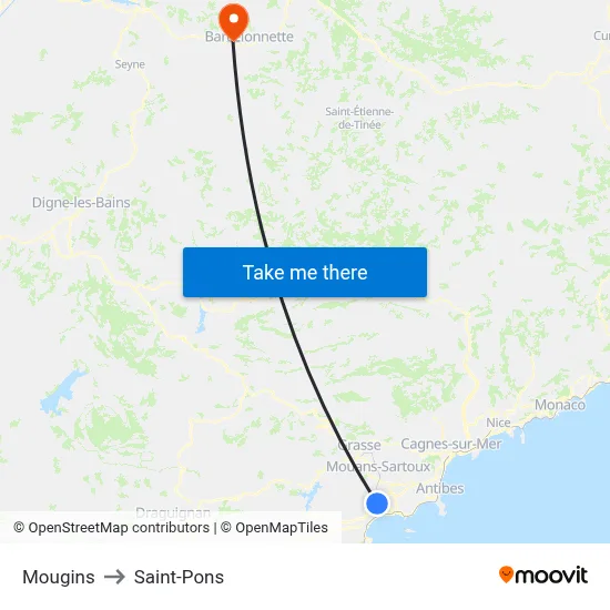 Mougins to Saint-Pons map