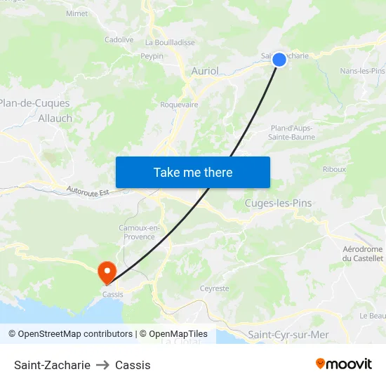Saint-Zacharie to Cassis map