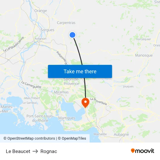Le Beaucet to Rognac map