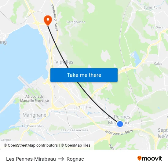 Les Pennes-Mirabeau to Rognac map