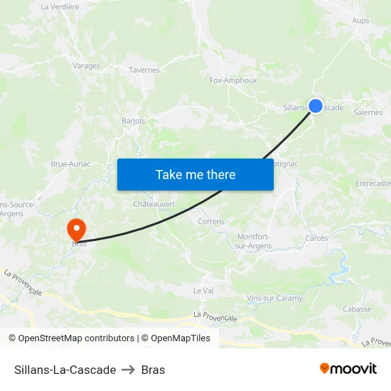 Sillans-La-Cascade to Bras map
