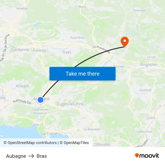 Aubagne to Bras map