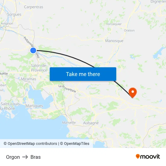 Orgon to Bras map
