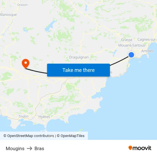 Mougins to Bras map