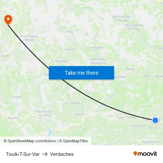 Touã«T-Sur-Var to Verdaches map