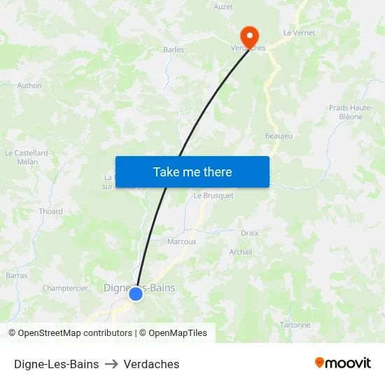 Digne-Les-Bains to Verdaches map