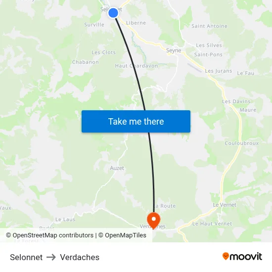 Selonnet to Verdaches map