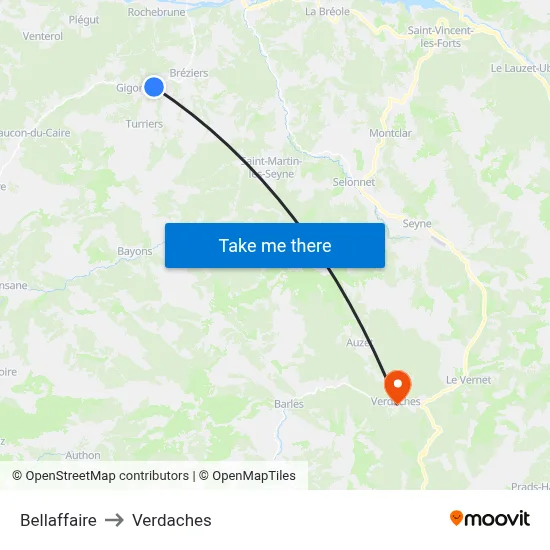 Bellaffaire to Verdaches map