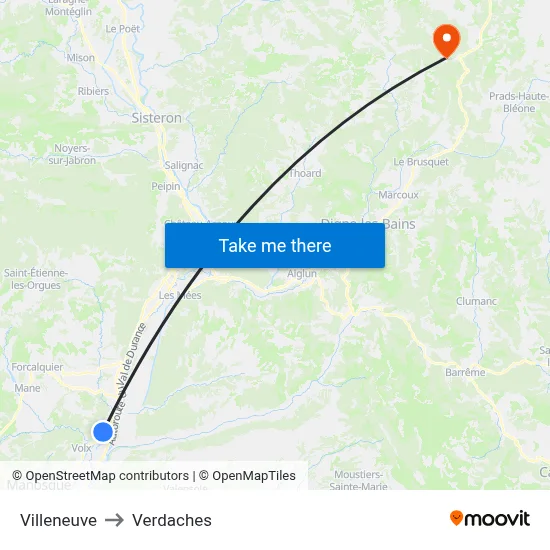 Villeneuve to Verdaches map