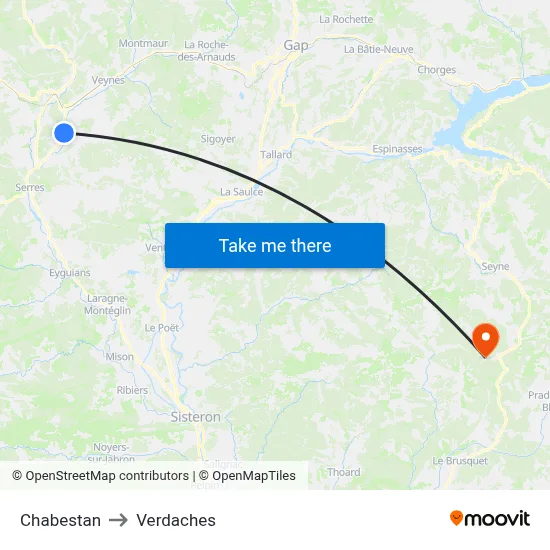 Chabestan to Verdaches map