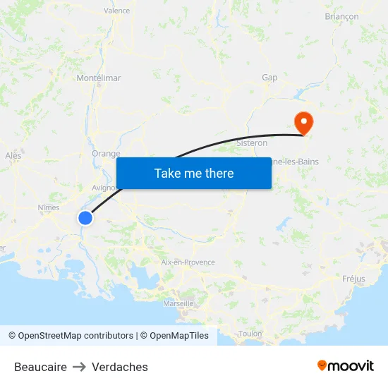 Beaucaire to Verdaches map