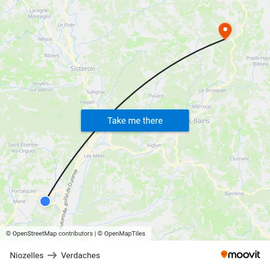 Niozelles to Verdaches map