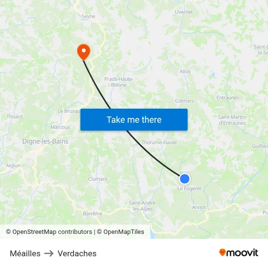 Méailles to Verdaches map