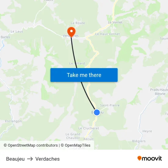 Beaujeu to Verdaches map