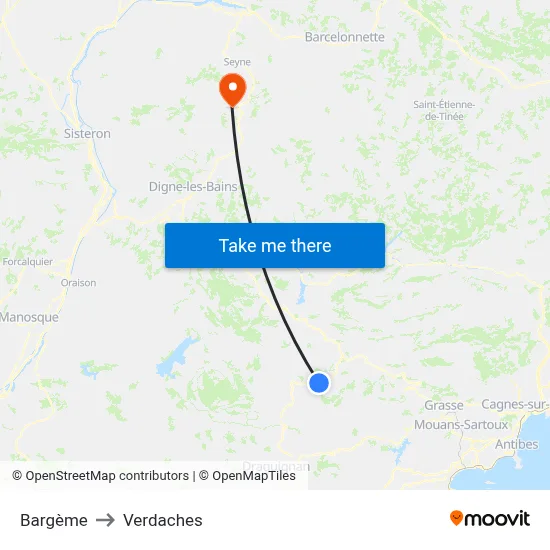 Bargème to Verdaches map