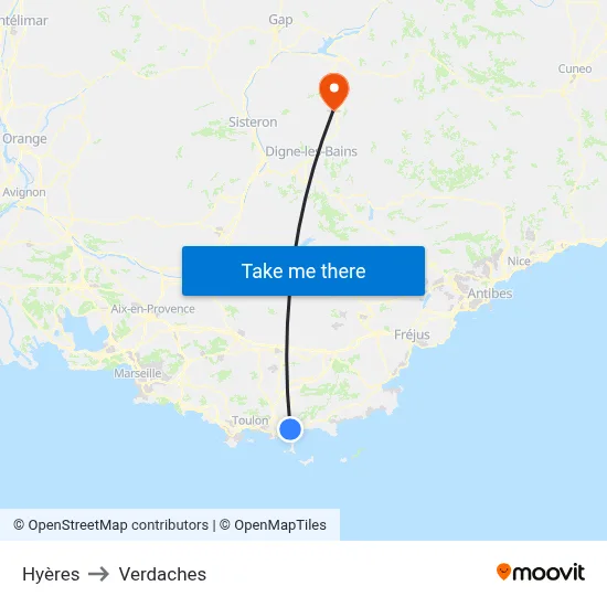 Hyères to Verdaches map