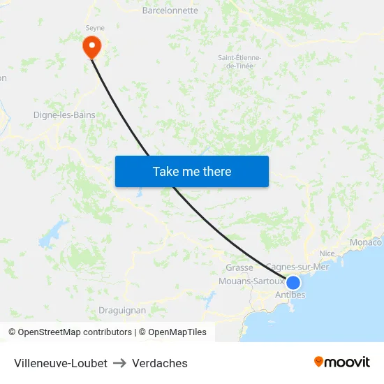 Villeneuve-Loubet to Verdaches map