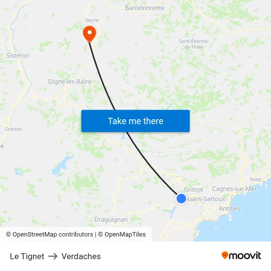 Le Tignet to Verdaches map