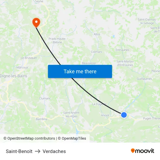 Saint-Benoît to Verdaches map