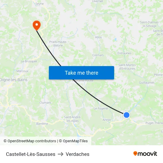 Castellet-Lès-Sausses to Verdaches map