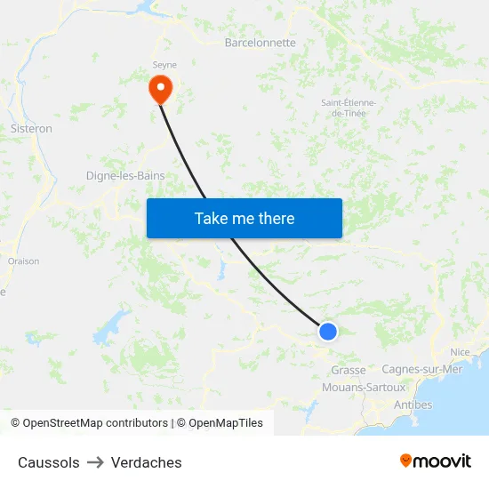 Caussols to Verdaches map