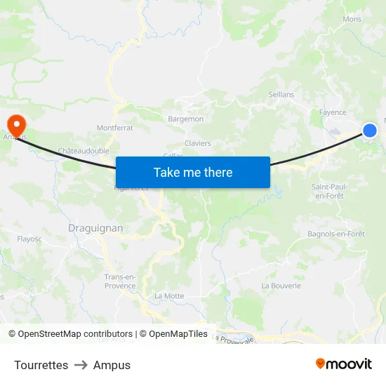 Tourrettes to Ampus map