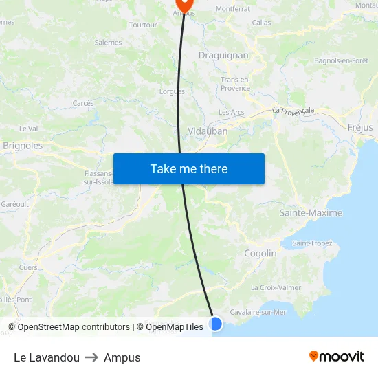 Le Lavandou to Ampus map