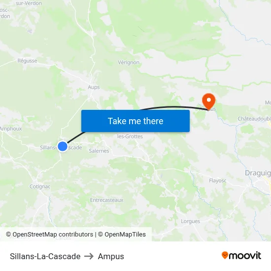 Sillans-La-Cascade to Ampus map
