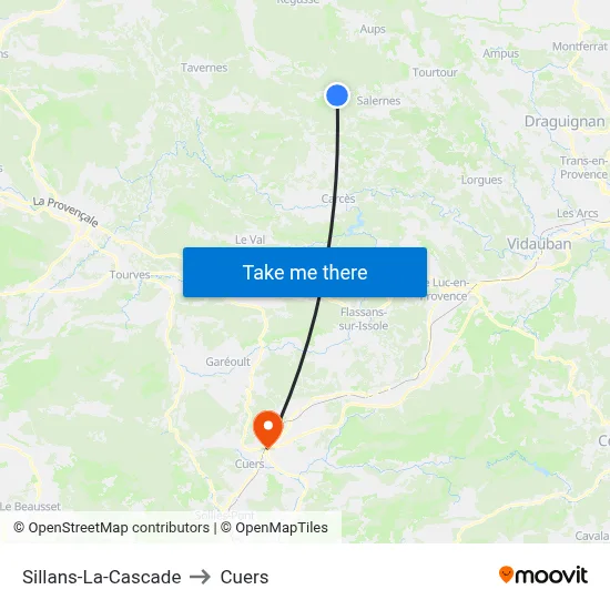 Sillans-La-Cascade to Cuers map